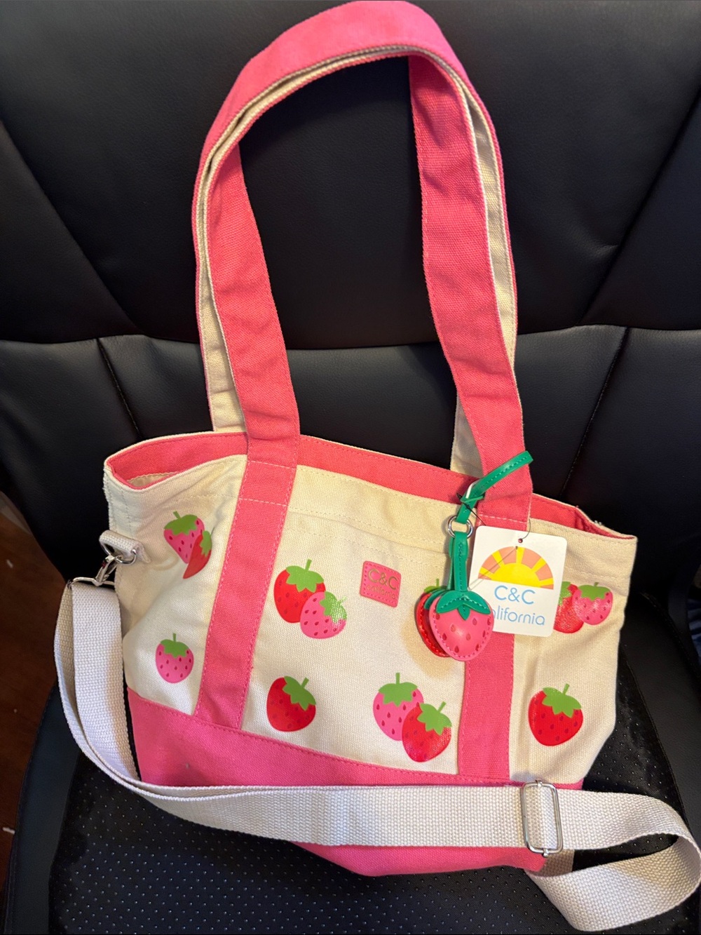 C&C California Pink and Cream Strawberry Canvas Tote